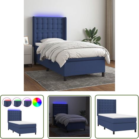 The Living Store Sommier à lattes de lit matelas et LED Bleu 90x200 cm Tissu - Sommier Tapissier - Lit Plateforme - Lit Avec Led - Matelas À Ressorts Ensachés - Têted Lit Ajustable (1/5)