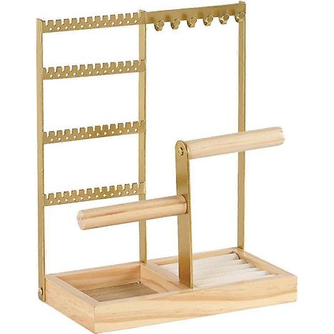 Présentoir à bijoux doré, base amovible en bois massif, support à bijoux biaxial pour boucles d'oreilles, colliers et bagues (1/5)