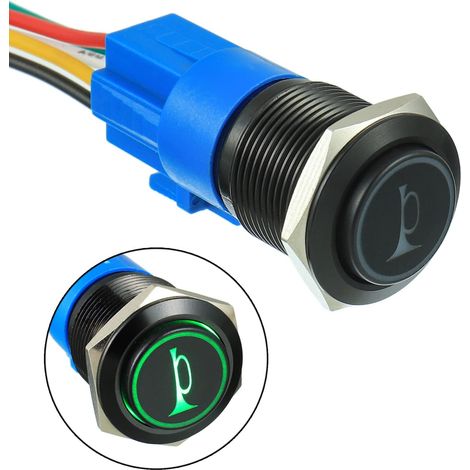 19MM 12V Klaxon de Voiture Bouton Momentané Vert LED Allumé Momentané Métal Haut-Parleur Air Klaxon Interrupteur à Bascule avec Prise Prise Fil (Vert) (1/5)