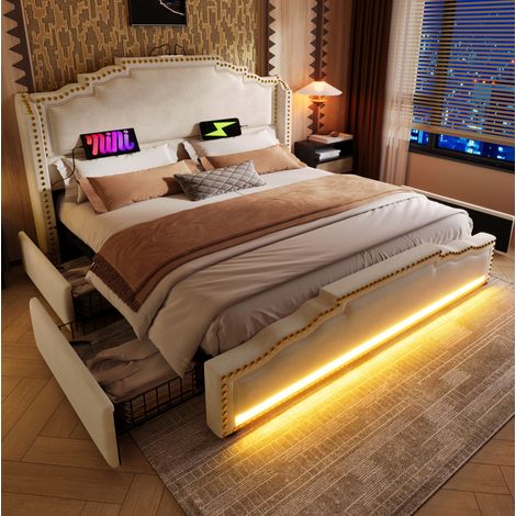 Cama tapizada 140x200 cm beige en terciopelo con 4 cajones, LED, USB-C y colchón (1/5)
