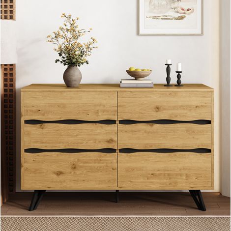 Buffet 120x40x75,5 cm couleur bois en panneaux de particules avec 6 tiroirs et pieds métalliques (1/5)