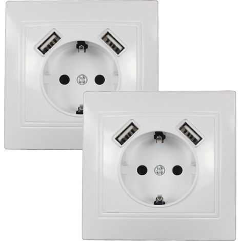 Prise Murale Encastrée - 2 Ports USB (USB-A + USB-C) - 2,8 A - Compatible Boîtier Standard - Blanc - Lot de 2