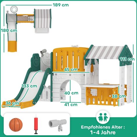 Toboggan 7-en-1 enfant, espace jeu intérieur, structure grimpe, cabane, ardoise, filet basket, 1-4 ans, plastique, jaune-vert (1/5)