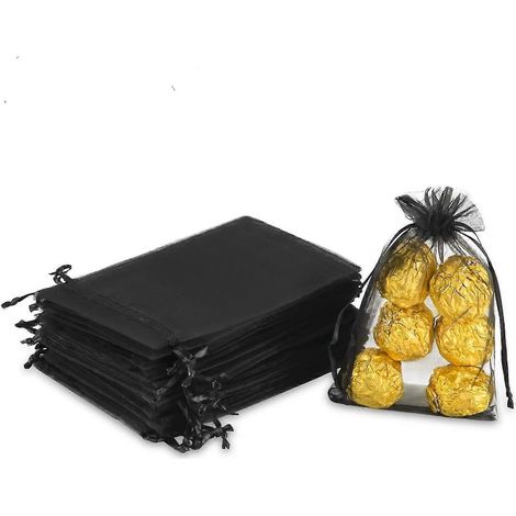 Lot de 50 sacs cadeaux transparents à cordon en organza noir, parfaits pour les mariages, les fêtes et pour offrir des bijoux ou Noël.