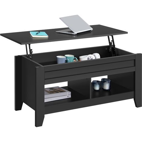 Yaheetech – Table basse relevable en MDF noir – Dimensions 104 x 49 x (49-61) cm – Compartiments de rangement cachés – Design moderne pour salon
