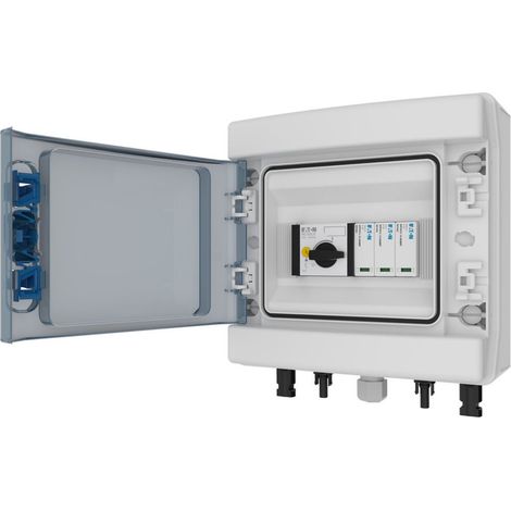 Eaton Caja de string fotovoltaica DC, 1x IN + 1x OUT, PKZ-SOL, SPD Tipo 2, conector MC4, IKA-1/8, instalación interior, EP-501984