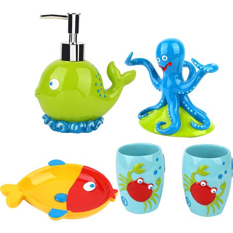 Ensemble de salle de bain enfant 5 pièces en résine, distributeur de brosses à dents, motif créatures marines (1/4)