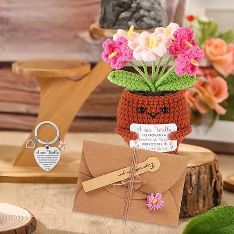3 Knitted Potted Plants Key Ring Charm Pink Flower Greeting Cards with Dried Flowers (Sorella) (1/3)