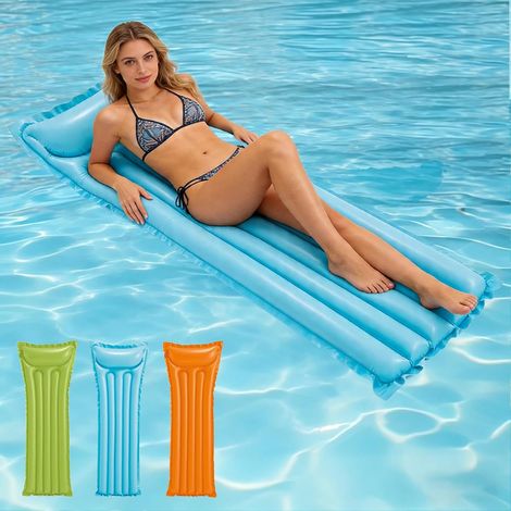 Chaise de piscine gonflable bleue - Pour adulte - Feuilles tropicales - Coussin de natation - Matelas de bain assis (1/5)