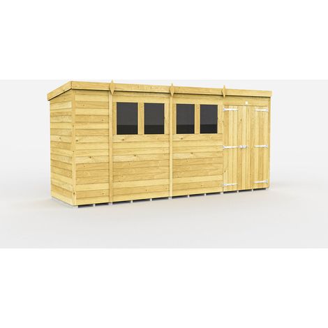 15 x 4 Feet Pent Shed - Double Door With Windows - Wood - L118 x W454 x H201 cm