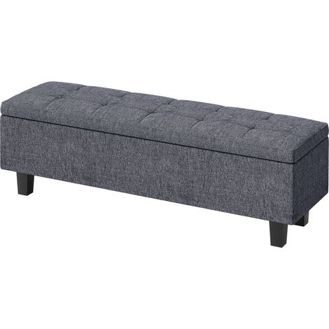 Banc de rangement aspect lin, pieds en hévéa, pour salon, chambre, entrée, gris foncé (1/5)