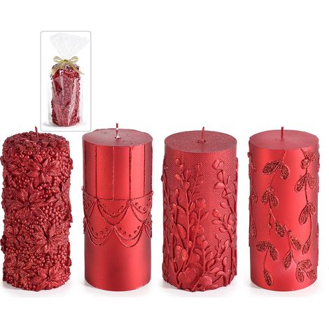 Candele rosse grandi con decori in rilievo in confezione singola, set da 4 pezzi, Ø 7 cm x 15 H