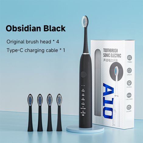 Brosse à dents électrique sonique portable et étanche avec 4 têtes de brosse et 18 modes (noir obsidien)-AquaForge (1/5)