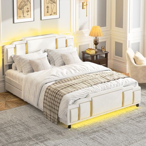 Lit double rembourré 140x200 cm avec 2 tiroirs baguettes dorées design moderne unique et éclairage LED Velours Beige (1/5)