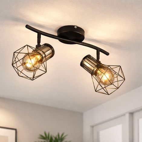 Spot de plafond, 2 flammes, plafonnier noir, métal noir, plafonnier rétro, 2 spots, orientable, couleur laiton, 2x E27, LxlxH 34x13x19 cm