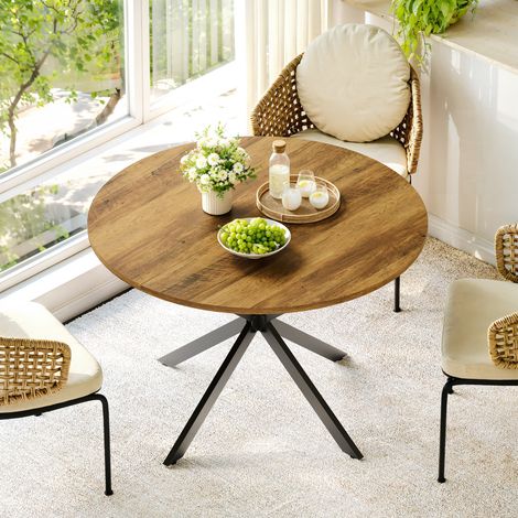 Table à Manger Ronde Style Industriel - Table Haute de Cuisine et Salon avec Pied en X Métal et Plateau Effet Bois Rustique ou Noir - Diamètre Optionnel Ø120cm - Marron+Noir (1/5)