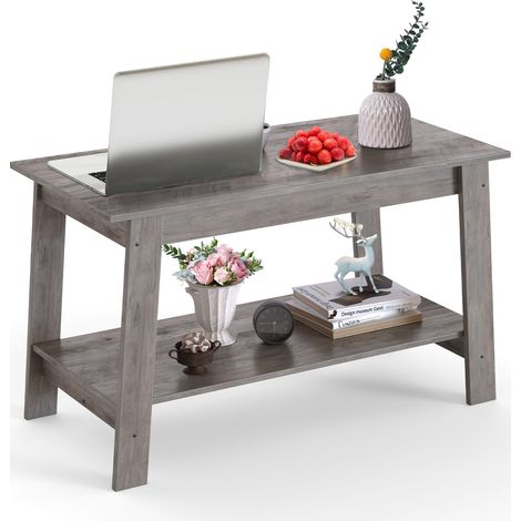 Table basse industrielle style farmhouse 2 niveaux, rectangulaire gain de place 80 cm(80 x 39 x 48 cm), plateau effet bois rustique, étagère de rangement ouverte pour salon/bureau/chambre - Couleur: G (1/5)