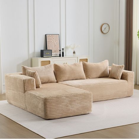 Divano angolare modulare 279x179x83 cm in corduroy beige con chaise, per spazi piccoli (1/5)