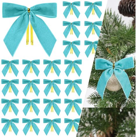 Nœuds de velours bleus pour sapin de Noël, 24 pièces de nœuds en ruban de velours pour sapin de Noël, petits nœuds de Noël turquoise pour décorer couronnes, guirlandes, emballages de cadeaux (1/4)