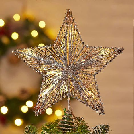 Étoile de Noël décorative pour sapin, à brancher, dorée à paillettes, en métal ajouré.