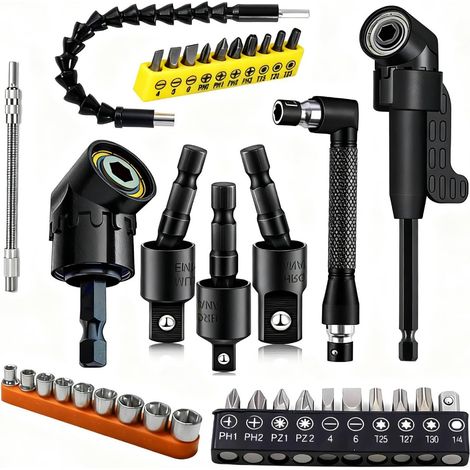 37 accessori flessibili per punte da trapano ad angolo retto includono accessori per punte da trapano a 90 gradi, accessori per punte da trapano ad angolo retto a 105° con attacco esagonale, cacciavit