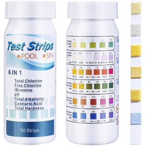 [Bandelettes de test] 6-en-1 100 bandelettes chlorure, bromure, pH, alcalinité, cyanurique et dureté test piscine spa (1/4)