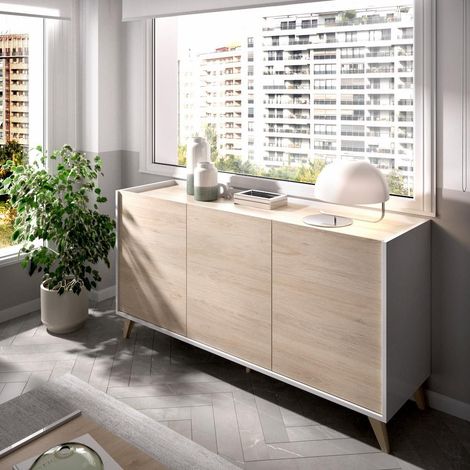 DEKIT - Aparador 3 puertas color Blanco / Natural - 75x155x43 cm - Modelo Ness (1/5)