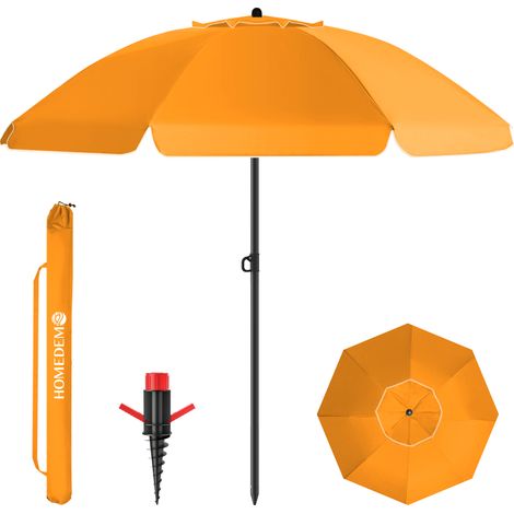 HOMEDEMO Parasol Plage Inclinable avec Revêtement Argenté, UV50+, avec Pieds de Parasol de Plage à hélice à Visser & Housse de Protection, pour Terrasse, Piscine, Marché, 200cm, Orange (1/5)