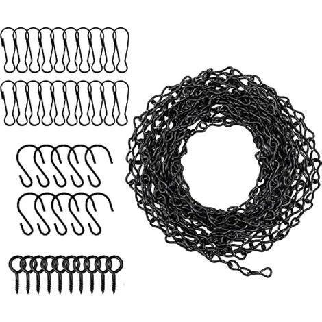 Chaîne suspendue réglable 500 cm avec 10 crochets, 20 pinces, 10 pitons à vis, chaîne en acier noir pour suspendre mangeoires à oiseaux, jardinières, panneaux, tableaux, lanternes, décorations.