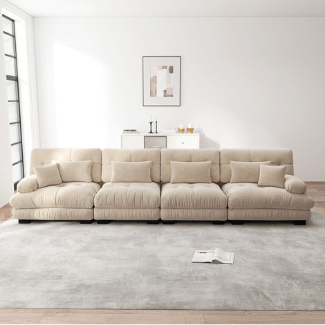 Divano modulare 4 posti 406x77x81 cm in chenille marrone chiaro, per salotto e studio – MEUBLIV (1/5)