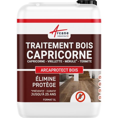 Arcane Industries – Traitement du bois contre capricorne 5 L – Action préventive et curative – Incolore et compatible avec toutes finitions