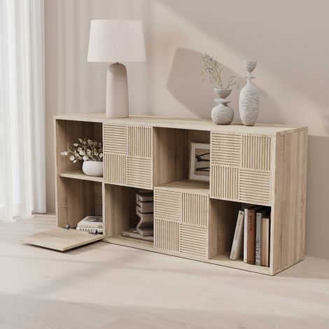 Bibliothèque basse, 125X30X60cm, 8 compartiments avec 4 portes, meuble de rangement multifonction, étagère modulable en bois Chêne Clair
