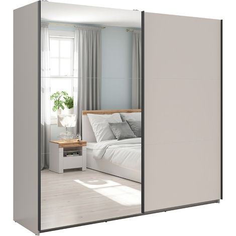Armoire placard à 2 portes coulissantes dont 1 avec miroir coloris Beige Kashmir - Longueur 220 x Profondeur 60 x Hauteur 195,5 cm (1/5)