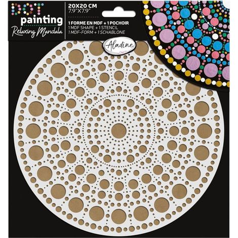 Pochoir pour dot painting - Duo Mandala - Kit complet - Support rond bois MDF 20 cm - Guide des points
