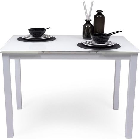 Mesa de cocina extensible PARIS WHITE sobre de cristal y estructura en metal blanco 110/170x70cm (1/5)