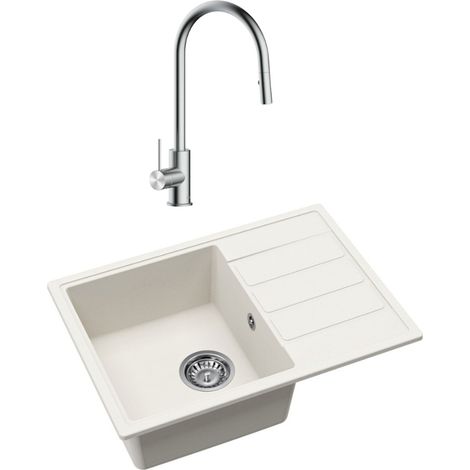 Swiss Aqua Technologies 62x44 cm Granit-Einbauspüle mit reversibler Abtropffläche + Einhebelmischer mit Handbrause 2-strahlig, weiß (SATSINKGE2W-SET1)