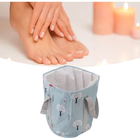 Sac/bain de pieds portable et isotherme de voyage pour le visage et les pieds, sac/bassin de bain de pieds pliable de voyage, portable, motif arbre bleu clair. (1/5)
