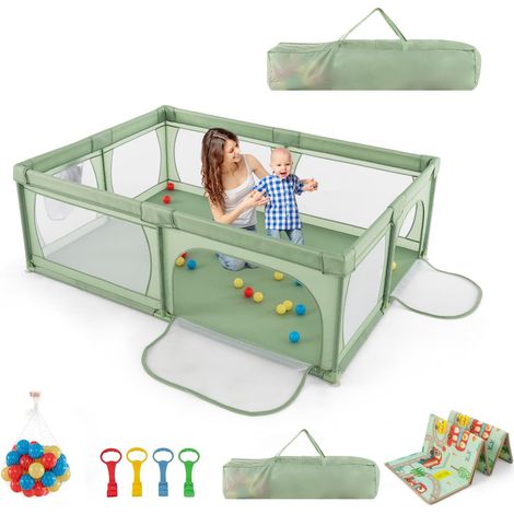 COSTWAY Box per Bambini, Recinto per Neonati con Tappetino, Centro Attività Stabile e Atossico, Box per Interno ed Esterno con Palline, Verde