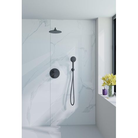 FugaFlow Eccelente Acces Ensemble de douche de tête encastré - rond - thermostatique - bras mural - douche de tête 25cm - douchette ronde - noir mat