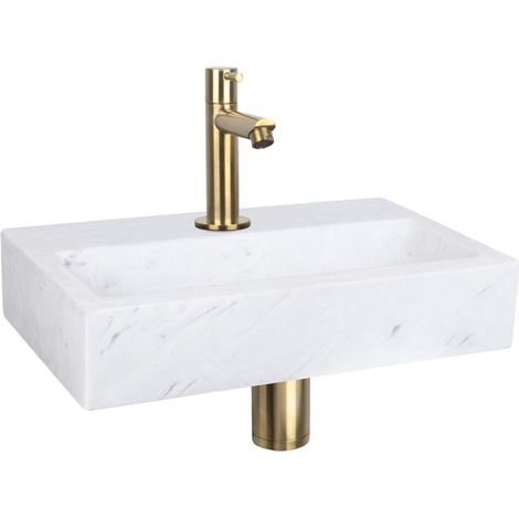 Differnz Flat Set lave-mains 38x24x8cm 1 trou avec robinet droit et siphon + bonde or mat Rectangulaire Marbre Blanc (1/5)