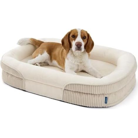 Lit Orthopedique Chien Bedsure, Moyen, 89x64x18cm, Creme, 360°, Rond, Memoire, Mousse, Confort (1/5)