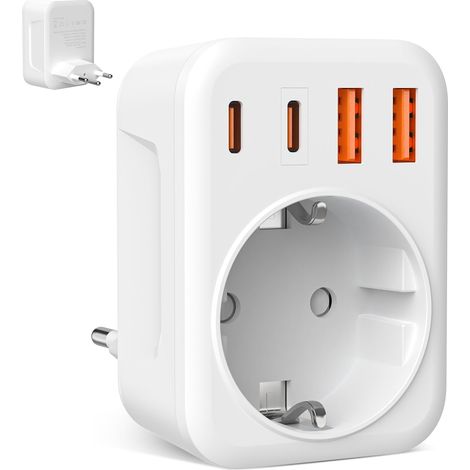 Adaptateur de voyage avec 2 x USB-C et 2 x USB-A, adaptateur de prise de type J UE vers CH, adaptateur compact pour téléphone, iPad, ordinateur portable (2500 W/10 A) (1/5)