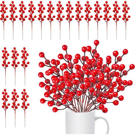 20 Stück künstliche rote Weihnachtsbeeren, rote Beerenzweige, künstliche Stechpalmenbeeren, künstliche rote Beeren aus Kunststoff, Stiel, rote Beeren, klein, für Weihnachtsbaum, Kranz, Hochzeit (1/5)