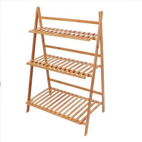 Support à pots de fleurs pliable à plusieurs niveaux pour balcon, salon, jardin et terrasse (couleur bois) (1/5)