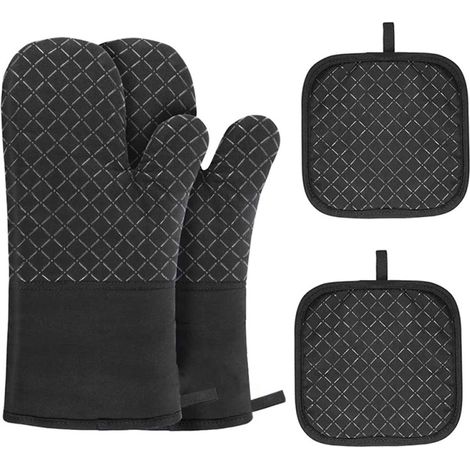 Gants Cuisine Coton/Silicone – 30cm – Anti-Brûlure – Motif Carreaux Noirs – Lot 4 – Four/BBQ (1/4)