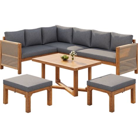 CAIziEnsemble de mobilier de jardin modulaire en bois d’acacia, canapé d’angle 6 places avec coussins, 2 tabourets et table en bois d’acacia, respirant et déperlant, pour terrasse et jardin