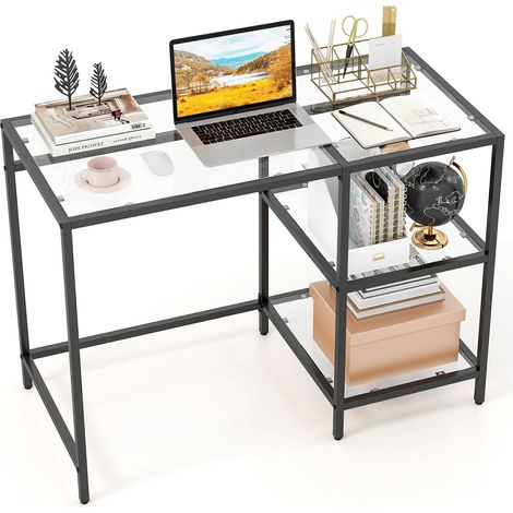 Schwarzer Glas-Computertisch mit Metallgestell, 106 x 51 x 76 cm