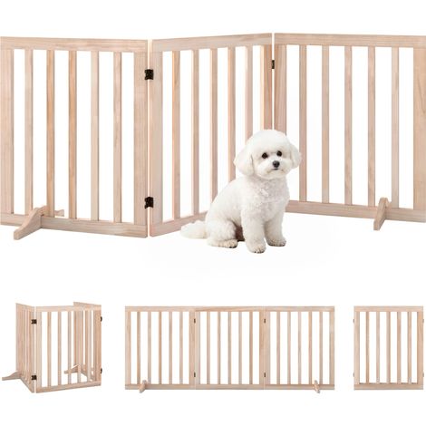 Barrière de sécurité pour chien - PawHut - pliable autoportante sans perçage 3 panneaux - bois de pin - 150x36x61cm - naturel (1/5)