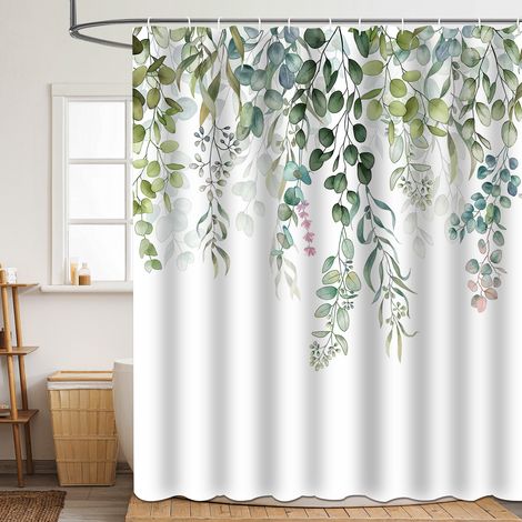 Duschvorhang 180x200 cm, grünes Blattmuster, Polyesterstoff, waschbar, mit Ösen und 12 Duschvorhangringen für Badezimmer, Badewanne