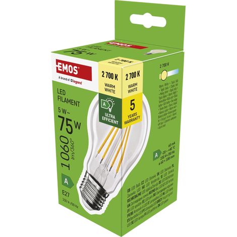 EMOS Ampoule LED Edison A60, 5 W de remplacement pour ampoule à incandescence de 75 W, classe A, ampoule vintage avec culot E27, luminosité 1060 lm, blanc chaud 2700 K, durée de vie extra longue 50 (1/5)